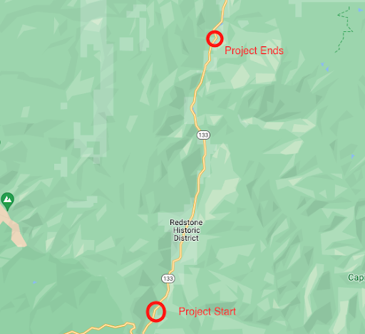 Project limits for the Colorado Highway 133 rockfall mitigation project taking place in 2023. Project limits for the Colorado Highway 133 rockfall mitigation project taking place in 2023.