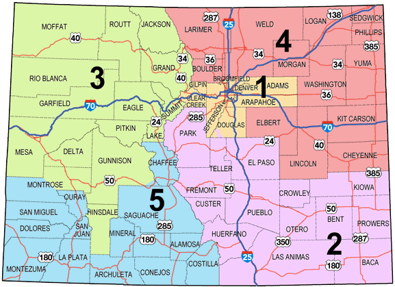 Map of Colorado identifying the five different CDOT Regions for Customer Service calls. Region 1 - yellow, Region 2 - pink, Region 3 - green, Region 4 - salmon and Region 5 - blue.