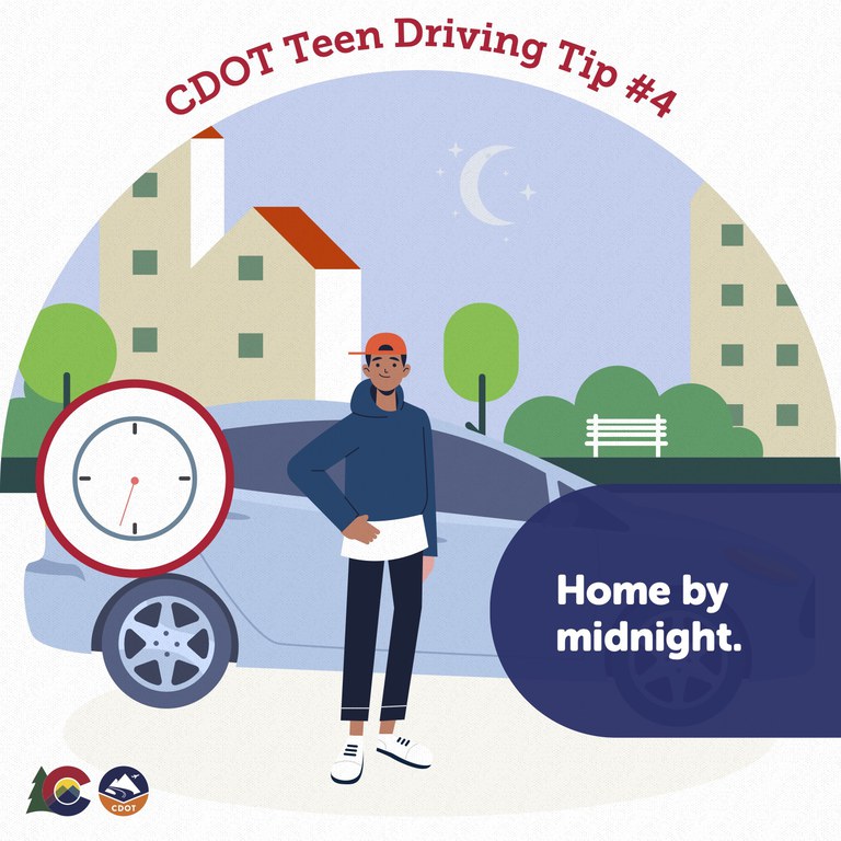 Teen Driving Tip 4 graphic with text overlay, "home by midnight."